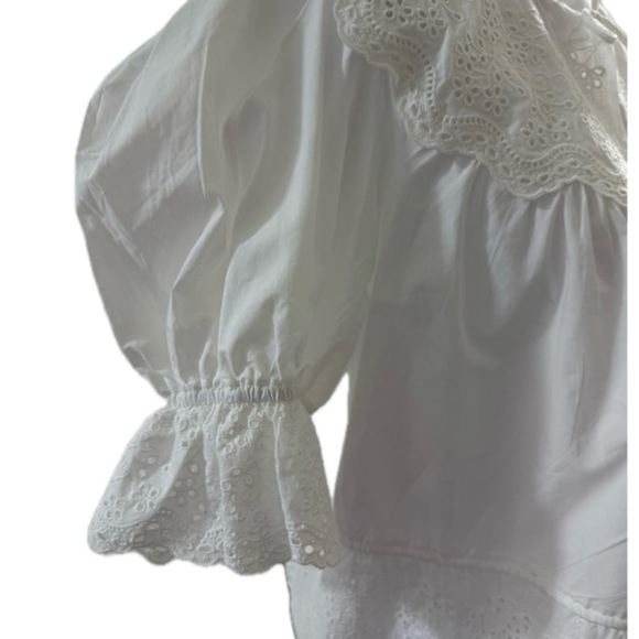 AQUA EYELET PUFF SLEEVE TIE TOP – FLIRTY & FEMININE, SIZE: M - Picture 9 of 10